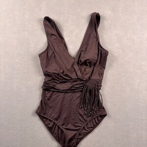 Badgley Mischka Brown One Piece Swimsuit Tassels Beading Ruching Size 10
